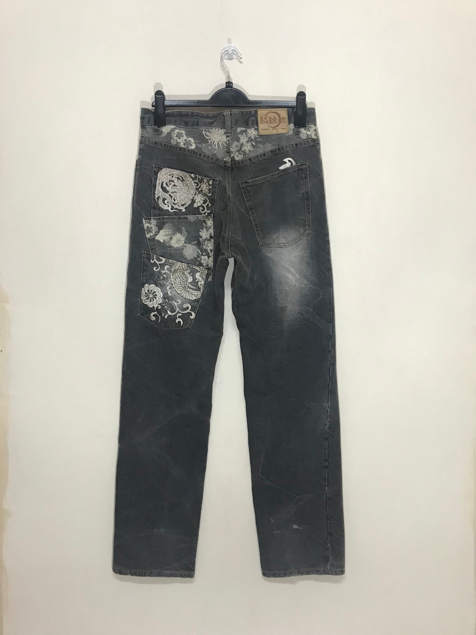 Vintage Embroidered Sukajan Jeans Karakuri Japanese Brand Koi
