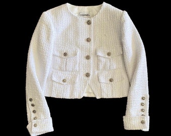 Vintage authentische Chanel-Tweed-Jacke, vier Taschen-Design, hergestellt in französischer weißer Jacke