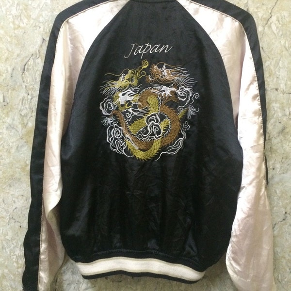 Vintage bestickte japanische Souvenirs Sukajan Varsity Jacket Dragon Fight, Yakuza, Hip Hop, Satin Jacken Größe L Rare