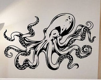 May include: Black and white octopus wall decal with eight tentacles. The octopus is facing left and has a detailed design. The decal is on a white wall.