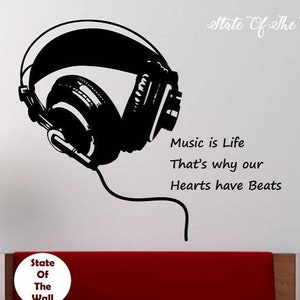Music Wall Decal Sticker Art Decor Bedroom Design Mural Headphones Music is life quote