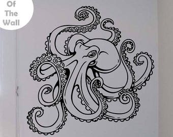 May include: Black and white octopus wall decal with intricate details. The octopus has eight tentacles with swirling patterns. The decal is on a white wall with a bed in the background.