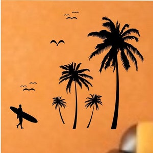 Surfer walking along Palm Trees beach Vinyl Wall Decal Sticker Art Decor Bedroom Design Mural