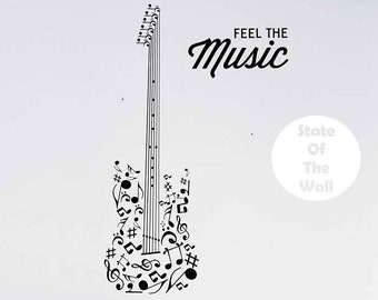 Guitar Wall Decal  FEEL The MUSIC Quote Vinyl Sticker Art Decor Bedroom Design Mural school education educational sounds artist