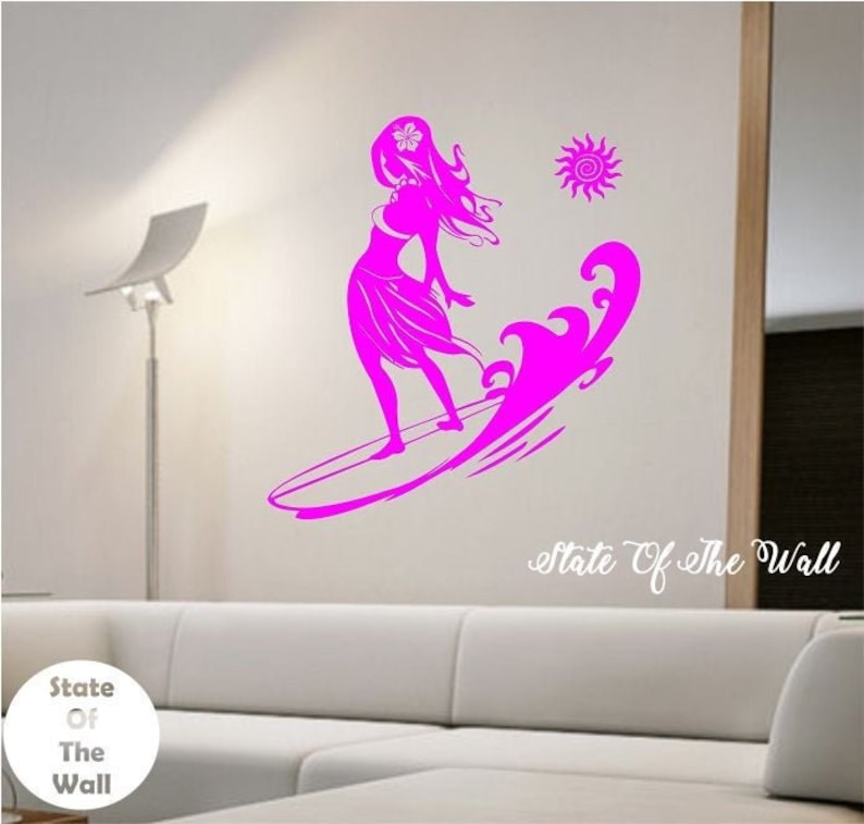 Surfing girl Wall Decal Sticker Art Decor Bedroom Design Mural interior design beach waves hibiscus sun Surf Girl Hula Hawaii Vinyl image 1