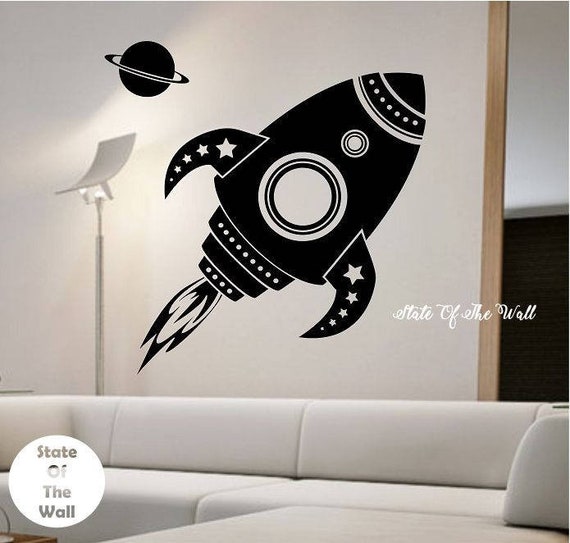 Rocketship Wall Decal Sticker Art Decor Bedroom Design Mural Interior Design Stars Space Station Sky Kids Room Rocket Spaceship Home Decor