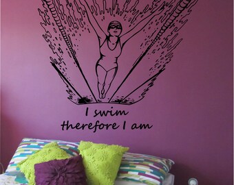 Vinilo decorativo para pared con diseño de chica nadadora: decoración deportiva para dormitorio (63 x 71 cm)