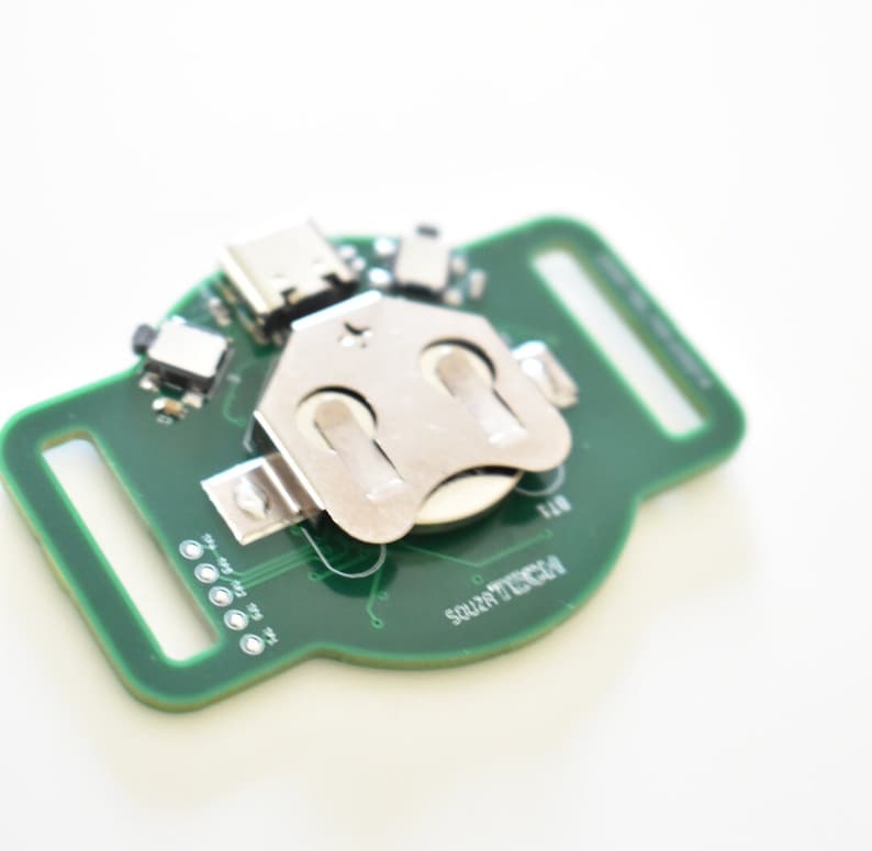 May include: A green circuit board with a silver battery holder and a micro USB port. The board has a small button and the text "SQUIRREL" printed on it.