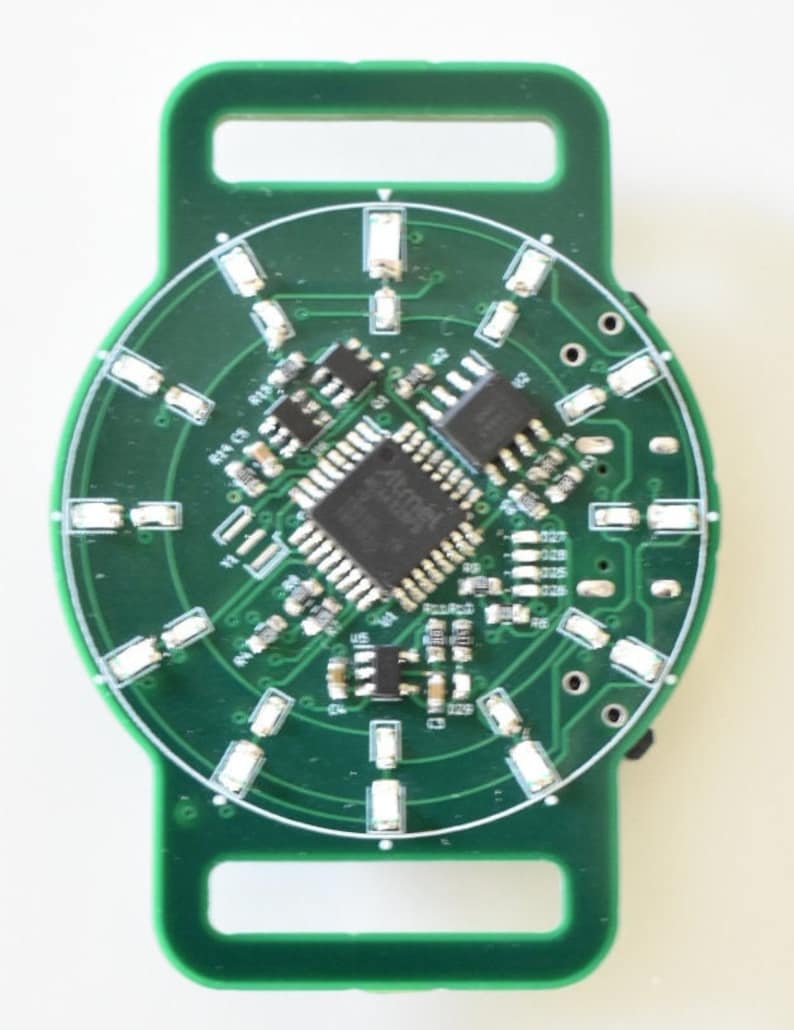 May include: A green circuit board with a central chip and multiple white LEDs arranged in a circle. The board has two loops on the top and bottom, suggesting it is a wearable device.