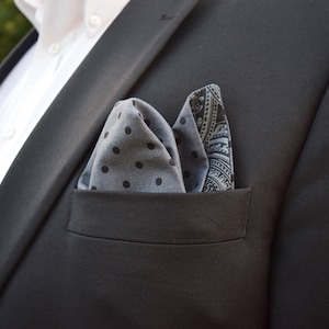 Black Polka Dot Pocket Square, Black Paisley Pocket Square, Slate Pocket Square, Gray Pocket Square, Cotton Pocket Square, Gift for Him