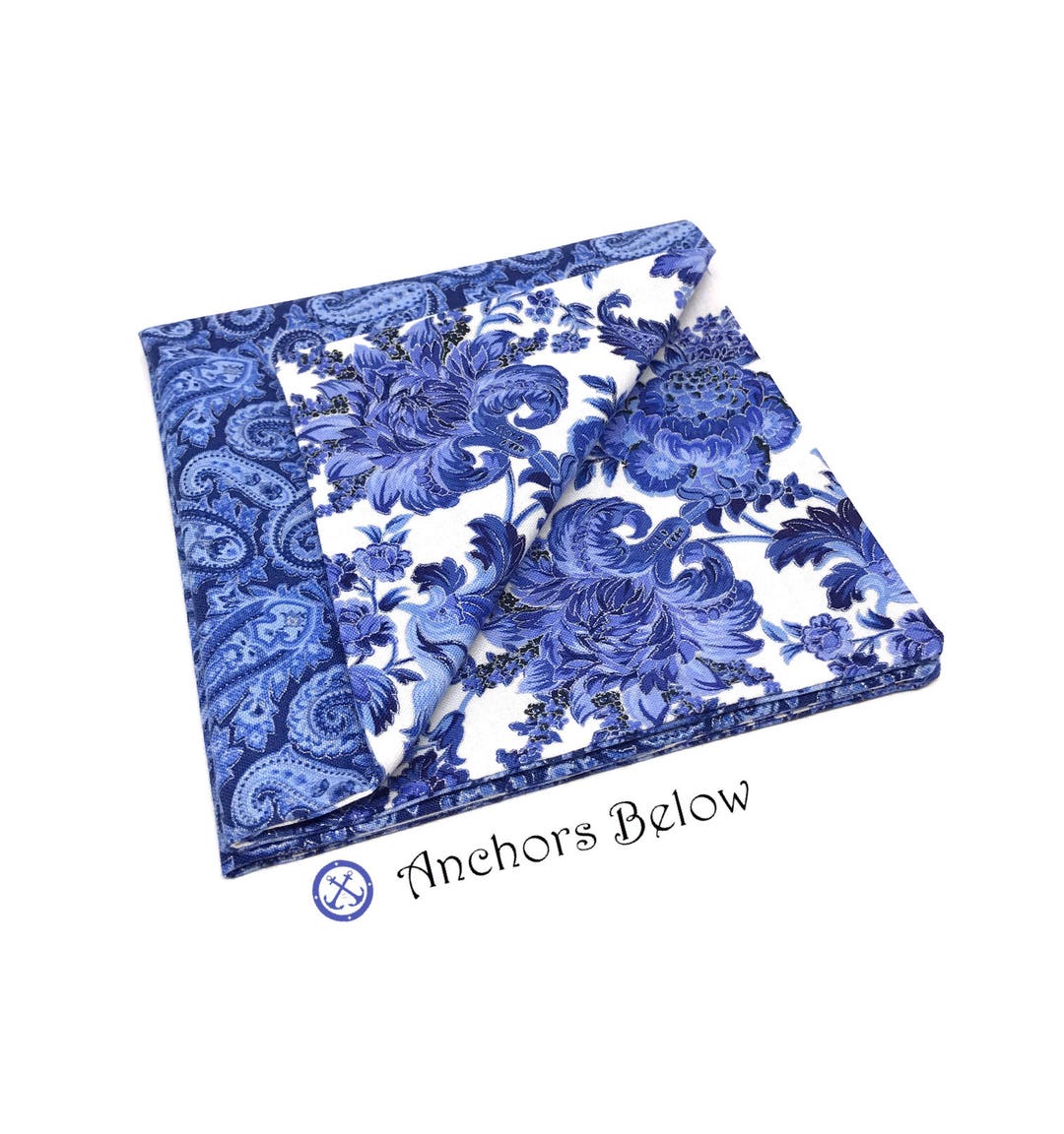Blue Paisley Pocket Square, Blue Floral Pocket Square, Double Sided ...