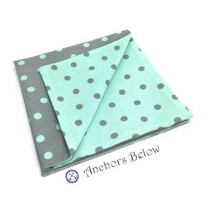 Mint Polka Dot Pocket Square, Grey and Mint Pocket Square, Polka Dot Pocket Square, Light Mint Pocket Square, Double Sided Pocket Square