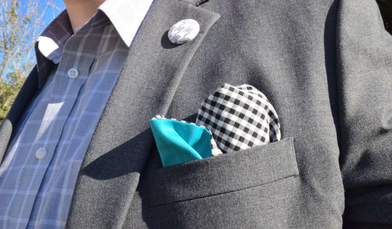 Black and White Gingham with Black Button Mens Pocket Square by The Detailed Male Black and White Gingham with Black Button Mens Pocket Square by The Detailed Male