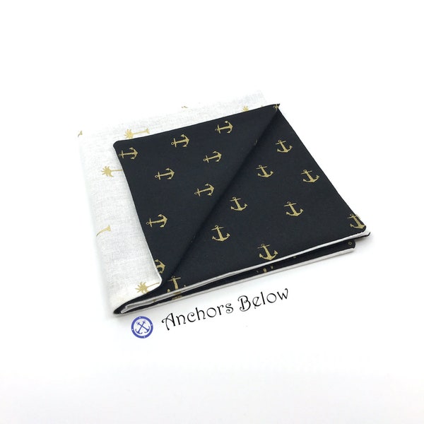 Black and White Pocket Square, Gold Anchors Pocket Square, Gold Palm Tree Pocket Square, Double Sided Pocket Square