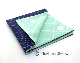 Mint Pocket Square - Navy Polka Dot Pocket Square - Mint and Navy Pocket Square - Double Sided Pocket Square