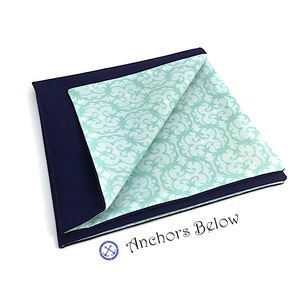 Mint Pocket Square, Navy Pocket Square, Floral Pocket Square, Double Sided Cotton Pocket Square, Jacket Accessory, Mint and Navy Wedding