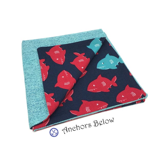 Shark Pocket Square, Teal Pocket Square, Teal and Red Sharks, Double Sided Pocket Square, Unique Pocket Square, Handkerchief, Men's Gift