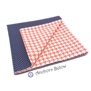 Coral and Navy Pocket Square, Coral Houndstooth Pocket Square, Navy Pin Dot Pocket Square, Wedding, Groomsmen Gift, Double Sided Hanky