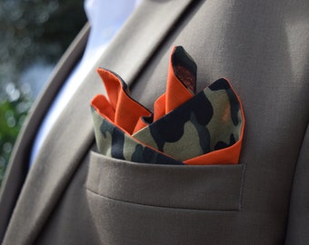 Camo Pocket Square - Camouflage Pocket Square - Orange Pocket Square - Hunting Pocket Square - Redneck Wedding - Double Sided Pocket Square