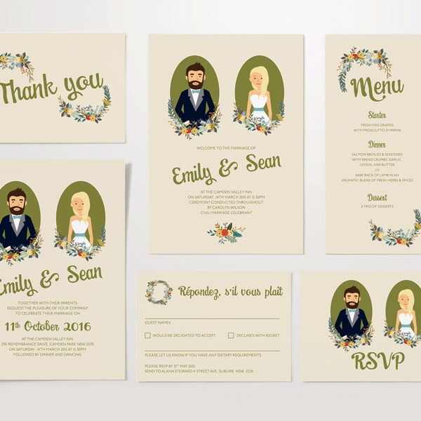 Custom Illustrated Couple Portrait Set with Circle Portrait Border – invite, save the date, RSVP, order of service, menu, thank you card