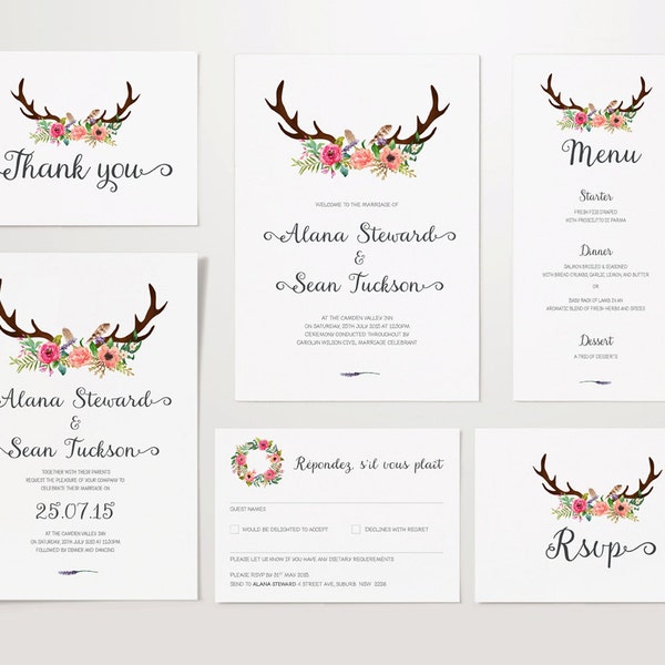 Wedding Stationery Set – invite, save the date, RSVP, order of service, menu, thank you card - DIY Personalised and Printable