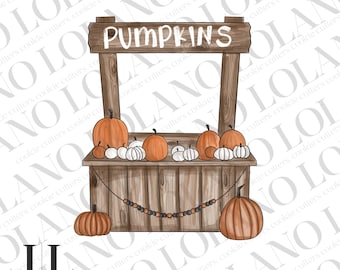 May include: A wooden pumpkin stand with a sign that says "PUMPKINS". The stand is decorated with a string of brown and orange beads. There are pumpkins of various sizes and colors on the stand, along with white gourds.