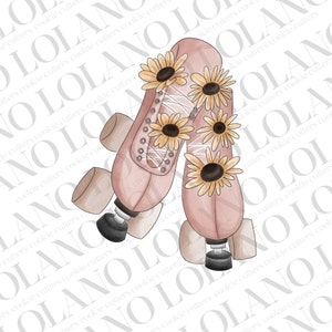 May include: A pair of pink roller skates with black wheels and white laces. The skates are decorated with yellow sunflowers.