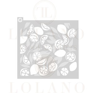 May include: A gray stencil with a white design of lemons and leaves. The stencil is square and has the word "LOLANO" printed at the bottom.
