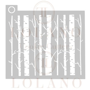 May include: A stencil featuring a design of birch trees with white bark and branches. The stencil is made of a gray material and is designed for use with paint or other mediums.