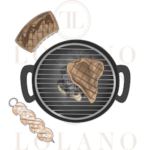 Può includere: Una griglia in ghisa nera con una bistecca e una costata di maiale sulla griglia. Ci sono anche gamberi su uno spiedino.