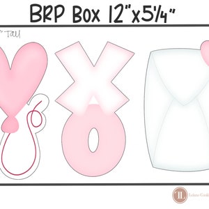 May include: A set of three cookie cutters in the shape of a heart, an 'X' and an envelope. The cutters are pink and white and are designed for a 12 inch by 5 and 1/4 inch box. The text 'BRP Box 12"x5/4"' and '4.5" Tall' is included in the image.