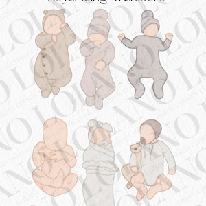 May include: Set of six cookie cutters in the shape of babies in different poses. The cutters are made of metal and have a silver finish. The image includes the text "LOLANO COOKIE CUTTERS Royal Icing Transfers © Lolano Cookie Cutters 2024".
