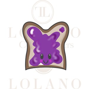 May include: A cartoon illustration of a slice of toast with purple jam spread on top. The toast has a happy face with big eyes and a smile. The text "LOLANO" is printed below the toast.