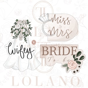 May include: A set of three cookie cutters with a bridal theme. The cutters are shaped like a wedding dress, a ring with a diamond, and a sign that says "Miss to Mrs".