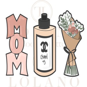 May include: A pink MOM cookie cutter, a brown and white bouquet of flowers cookie cutter, and a beige cookie cutter of a Chanel No. 5 perfume bottle.