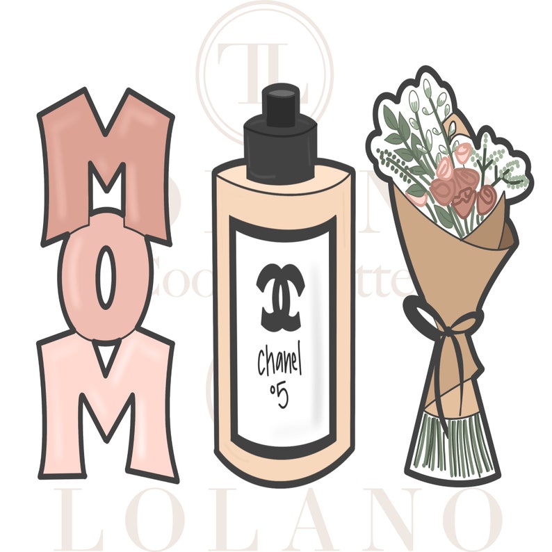 May include: A pink MOM cookie cutter, a brown and white bouquet of flowers cookie cutter, and a beige cookie cutter of a Chanel No. 5 perfume bottle.