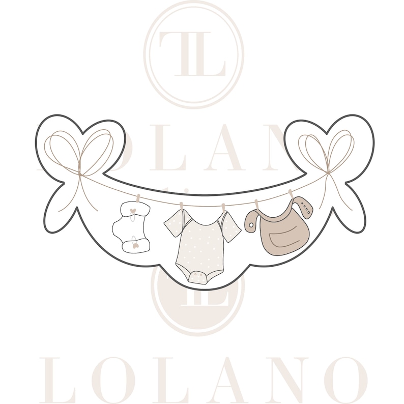 May include: A banner-shaped cookie cutter featuring baby clothes hanging on a clothesline. The design includes a diaper, onesie, and bib, all in a neutral color palette. The banner is adorned with heart-shaped bows on each end.