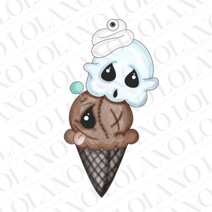 May include: A brown and white ice cream cone topped with a ghost and a stitched doll. The ghost has a single eye and a skull face. The doll has a stitched mouth and a single eye. The cone is decorated with a black and white pattern.