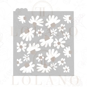 May include: A gray stencil with a white floral pattern. The stencil features a repeating design of stylized daisies in various sizes.