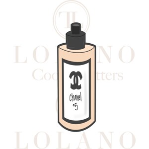 May include: A beige bottle of Chanel No. 5 perfume with a black cap and a black Chanel logo on the front.