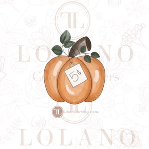 Puede incluir: Una ilustración de acuarela de una calabaza con un tallo y hojas. La calabaza tiene una etiqueta de precio que dice "5¢".