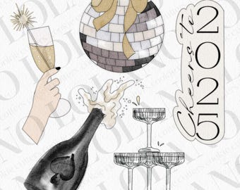 May include: A set of five cookie cutters for the new year. The cutters are in the shape of a champagne bottle, a champagne flute, a disco ball, a champagne glass, and the number 2025. The cutters are all white with black outlines.