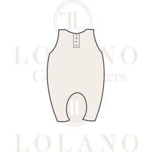 May include: A light beige baby romper with a henley neckline and four buttons. The romper has a rounded shape and a simple design. The brand name "LOLANO" is visible in the image.