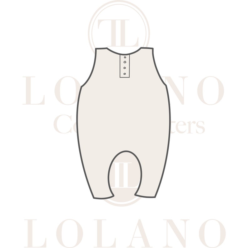 May include: A light beige baby romper with a henley neckline and four buttons. The romper has a rounded shape and a simple design. The brand name "LOLANO" is visible in the image.