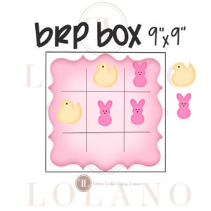 May include: A pink 9 inch by 9 inch tic-tac-toe game cookie cutter set with bunny and chick shapes. The text "bRp box 9"x9" is printed on the top of the image.