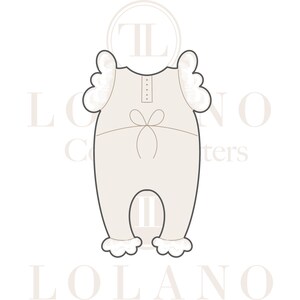 May include: A light beige onesie with a bow detail and lace trim. The onesie has a round neckline, flutter sleeves, and a button-down front. The bottom of the onesie has lace trim around the legs. The image is a line drawing.