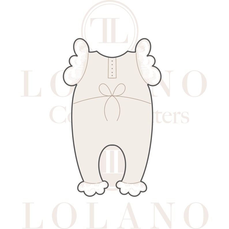 May include: A light beige onesie with a bow detail and lace trim. The onesie has a round neckline, flutter sleeves, and a button-down front. The bottom of the onesie has lace trim around the legs. The image is a line drawing.