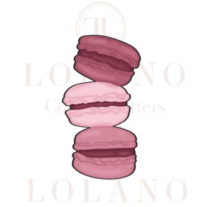 Puede incluir: Una pila de tres macarons rosas con relleno de chocolate. Los macarons están apilados uno encima del otro y están ligeramente inclinados hacia un lado. Los macarons son de color rosa claro y tienen una superficie ligeramente texturizada. El relleno de chocolate es de color marrón oscuro y es visible entre las capas de macarons.