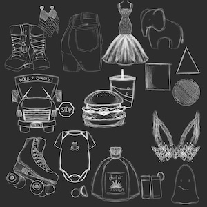 May include: A chalk-style illustration on a black background featuring various objects. Included are combat boots, a pair of jeans, a dress, an elephant, a truck with "back 2 school" text, a burger, a roller skate, a baby onesie, a tequila bottle, and a ghost.