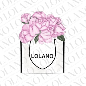 以下が含まれることがあります： ピンクのシャクヤクでいっぱいのショッピングバッグの形をしたクッキーカッター。 バッグは白で、黒のトリムとハンドルが付いており、前面には「LOLANO」の文字が印刷されています。